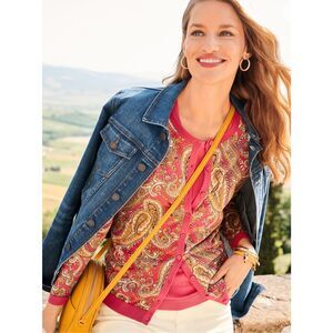 Talbots Cardigan Women Medium Orange Pink Paisley Floral Button Up Sweater Artsy
